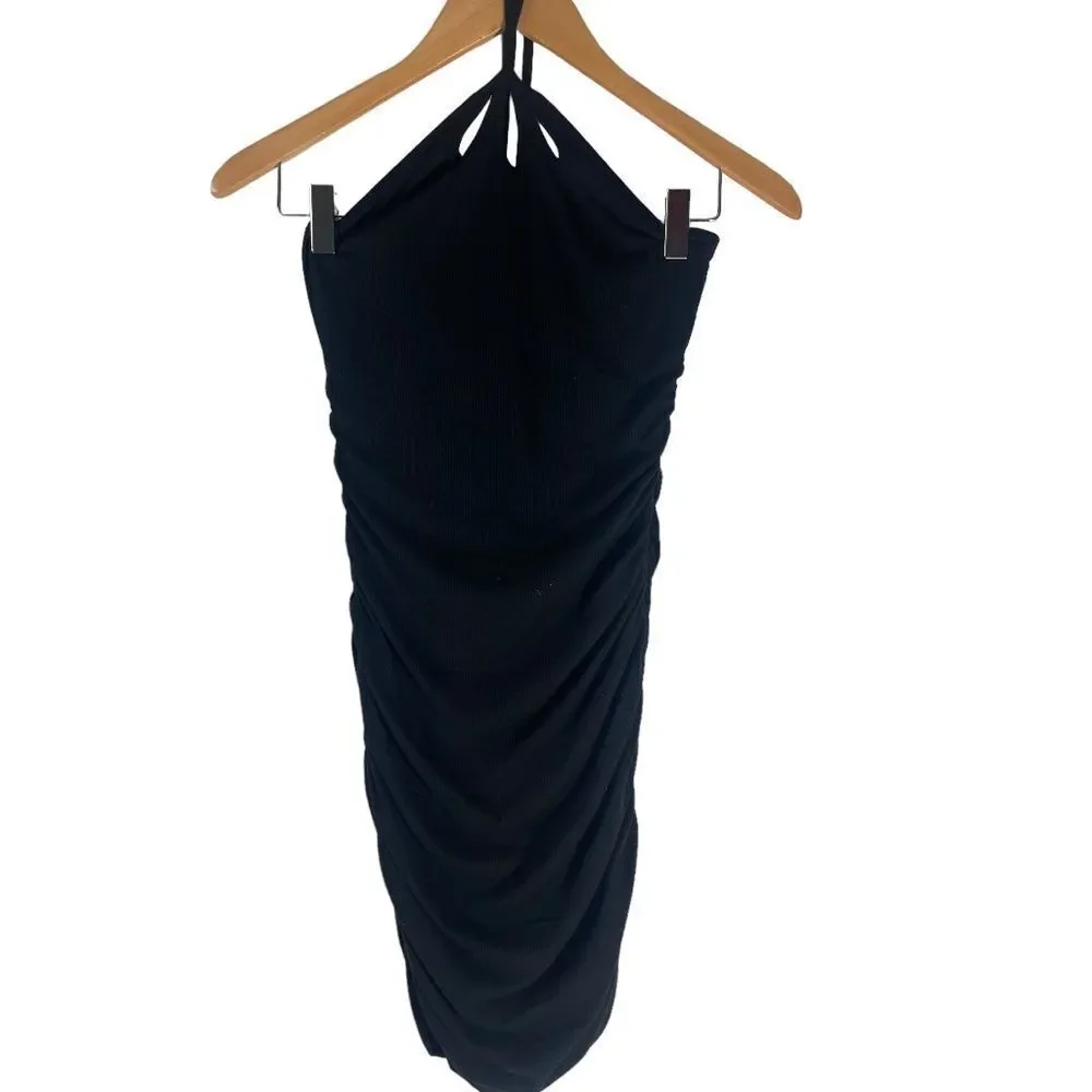 Princess Polly Kenji Black Ribbed Ruched‎ Side/Side Zip Halter Mini Dress Sz 4